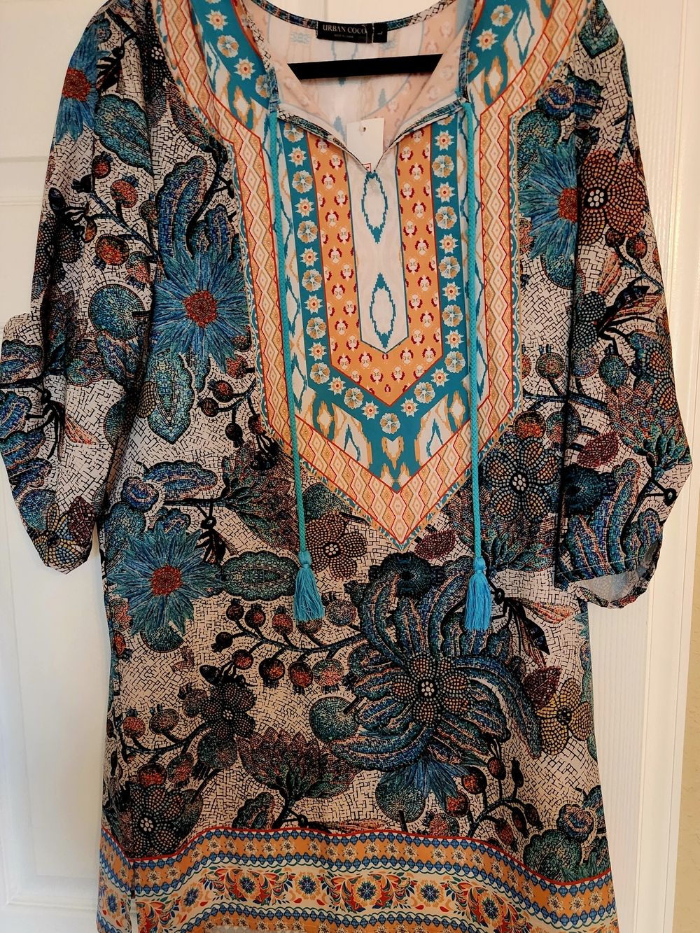 Bohemian Floral Long Sleeve Dress in Teal and Orange